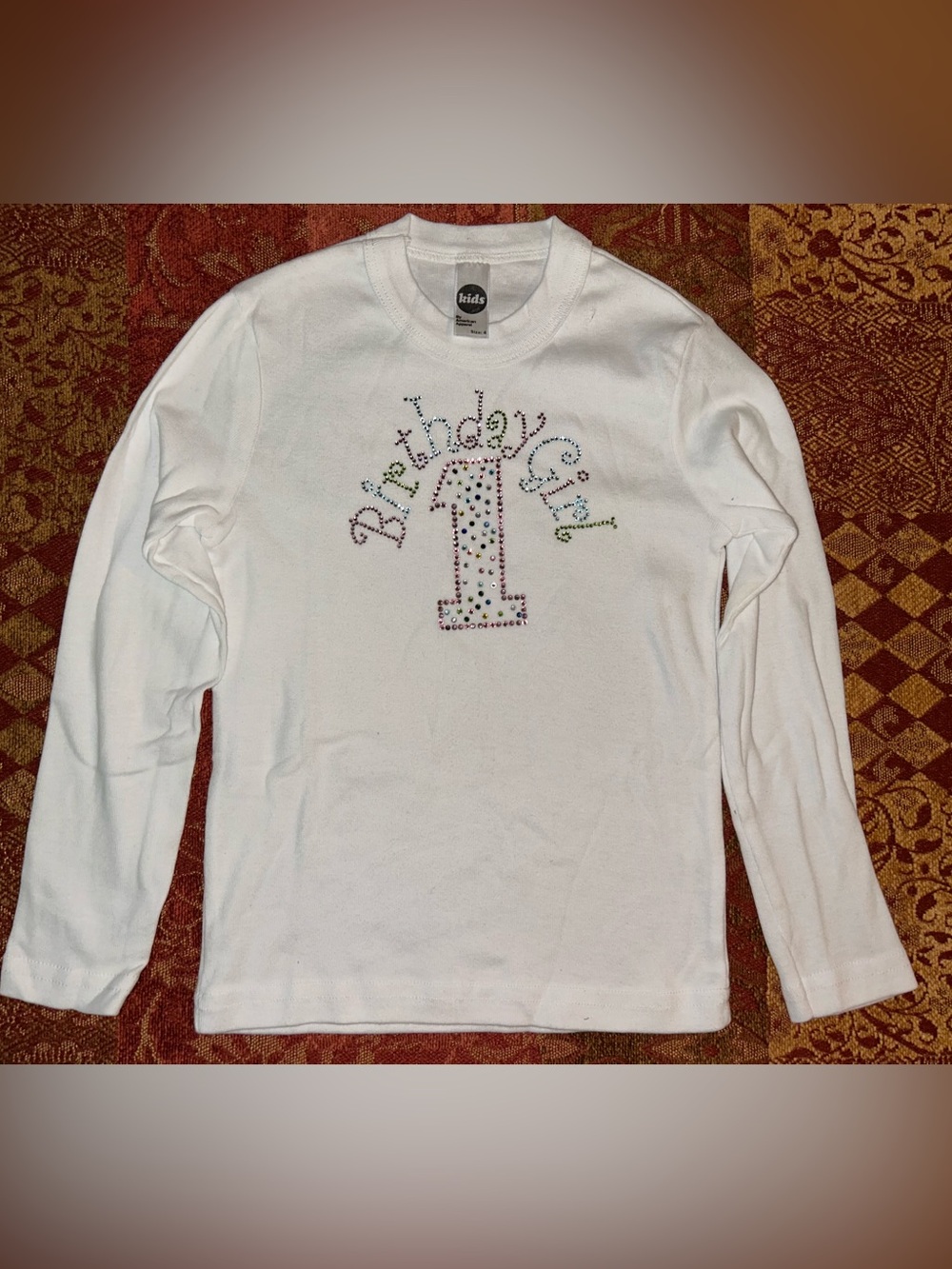 Kids "Birthday Girl" Number 1 Rhinestone Long Sleeve Tee - White